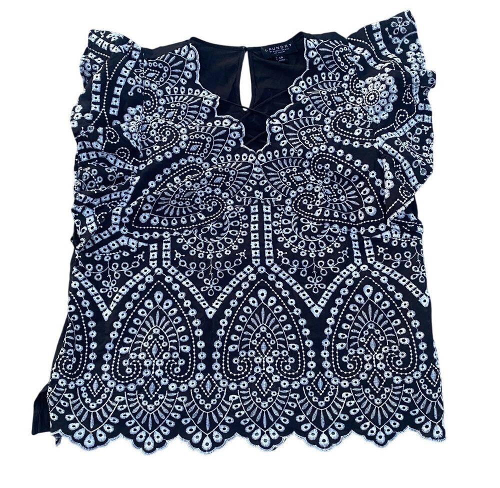 Laundry by Shelli Segal Embroidered Shirt - Black/White - Size L